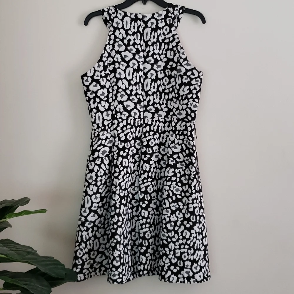 Muse knee length dress midi black white leopard print high neck, women's size 14